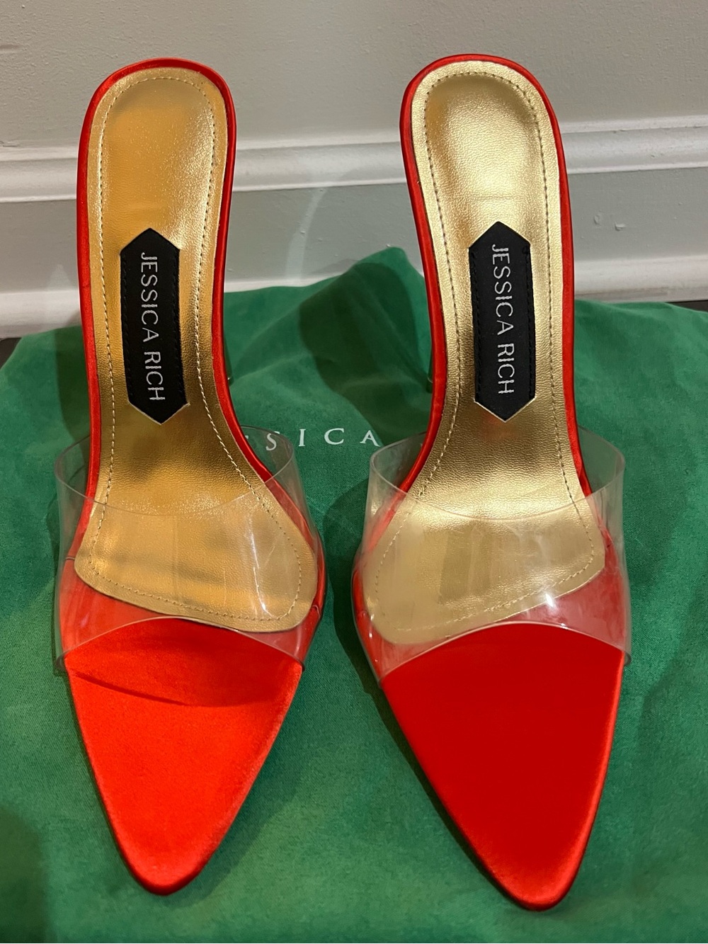 Jessica Red Satin Pointed Mule with Clear PVC Strap and Gold Insole